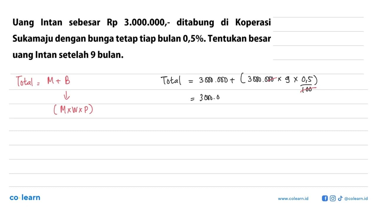 Uang Intan sebesar Rp 3.000.000,- ditabung di Koperasi