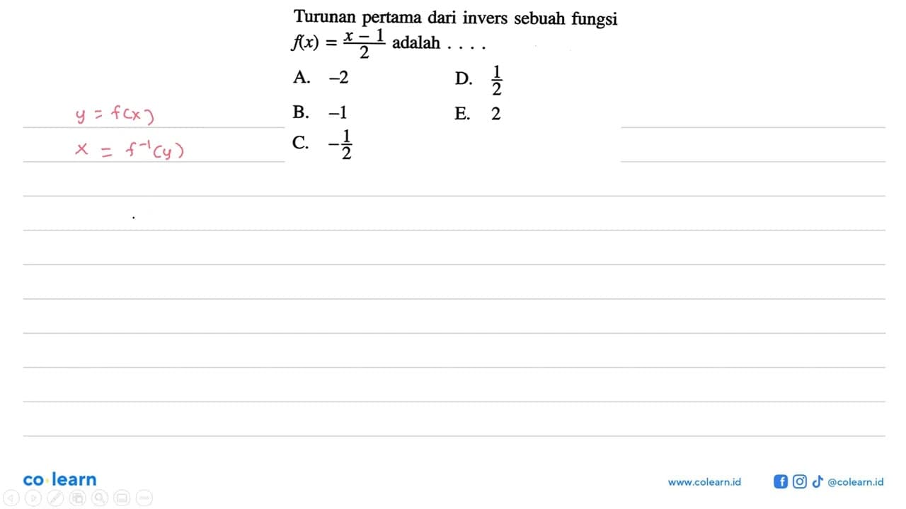 Turunan pertama dari invers sebuah fungsi f(x)=(x-1)/2