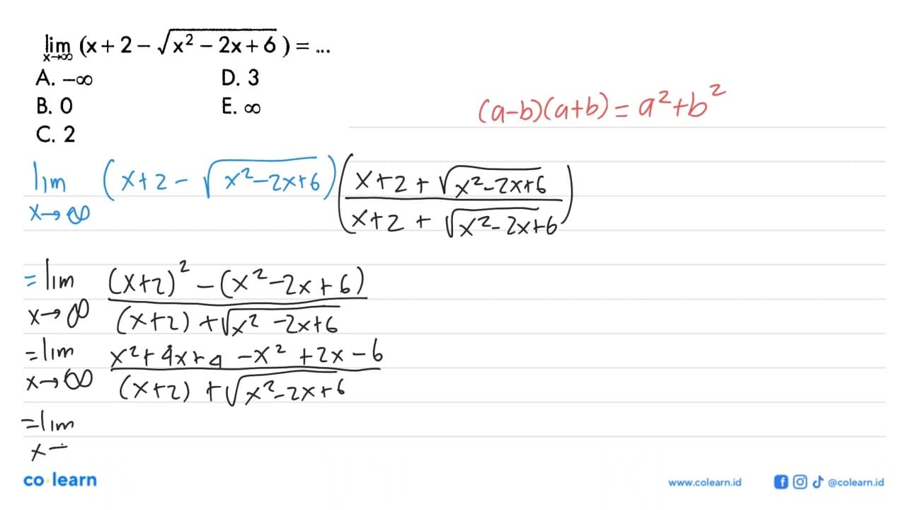 lim x->tak hingga (x+2-akar(x^2-2x+6))=