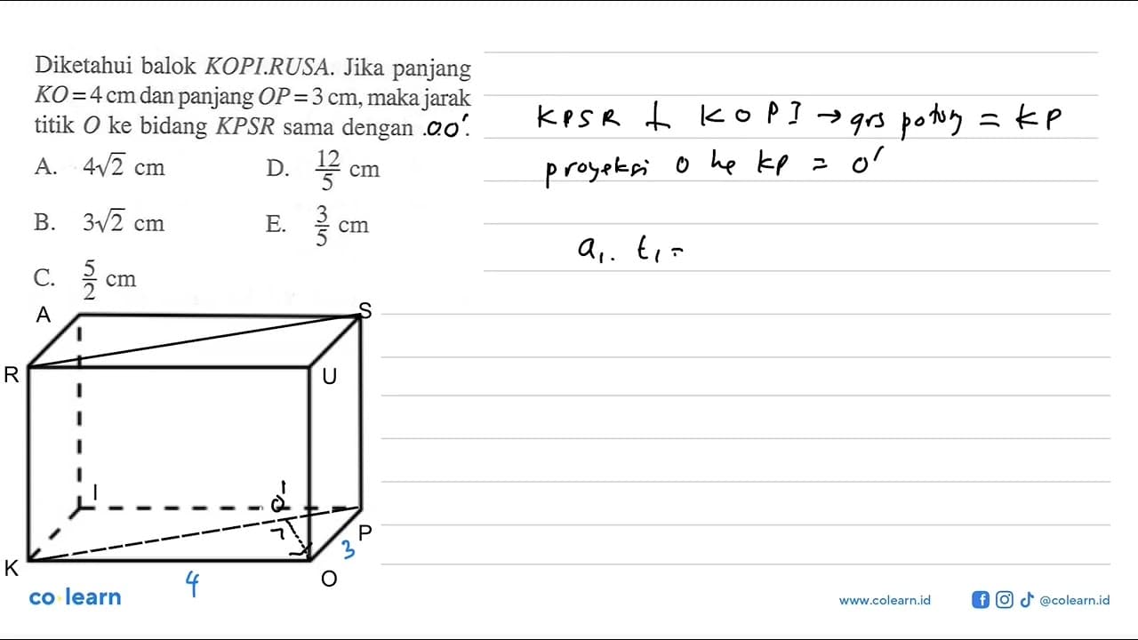 Diketahui balok KOPI.RUSA. Jika panjang KO=4cm dan panjang