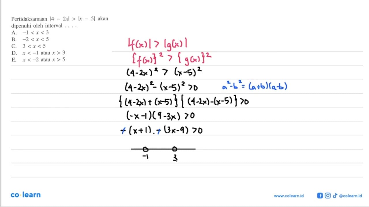 Pertidaksamaan |4-2x|>|x-5| akan dipenuhi oleh interval....