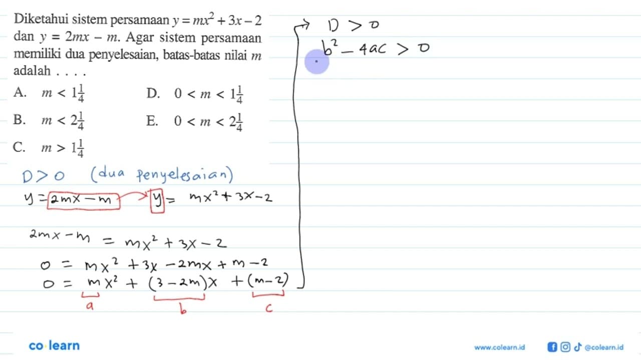 Diketahui sistem persamaan y=mx^2+3x-2 dan y=2mx-m. Agar
