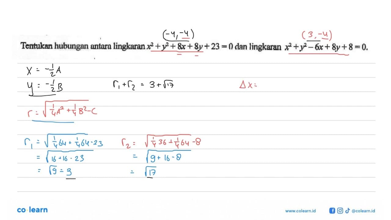 Tentukan hubungan antara lingkaran x^2+y^2+8x+8y+23=0 dan