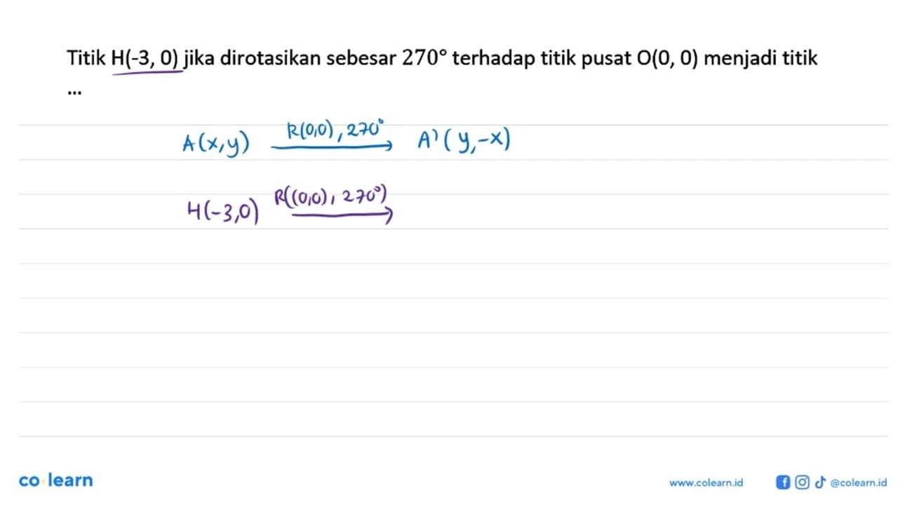 Titik H(-3, 0) jika dirotasikan sebesar 270 terhadap titik