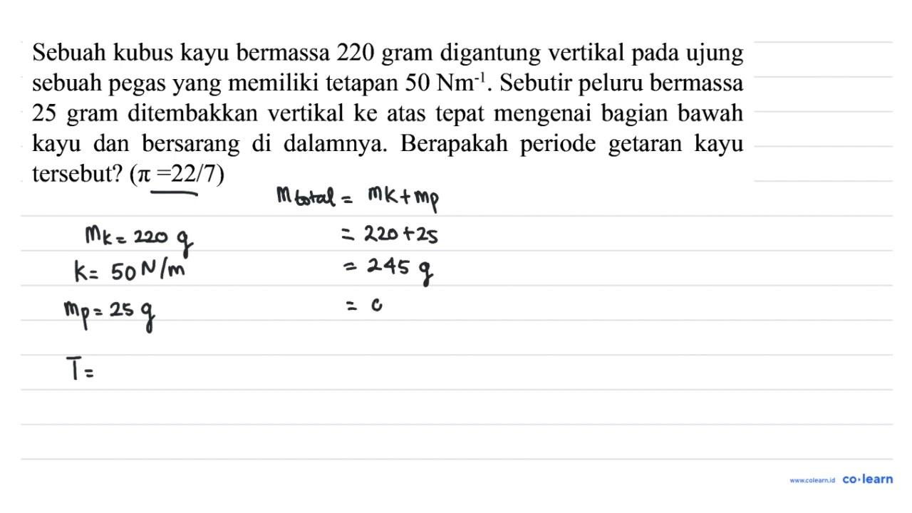 Sebuah kubus kayu bermassa 220 gram digantung vertikal pada