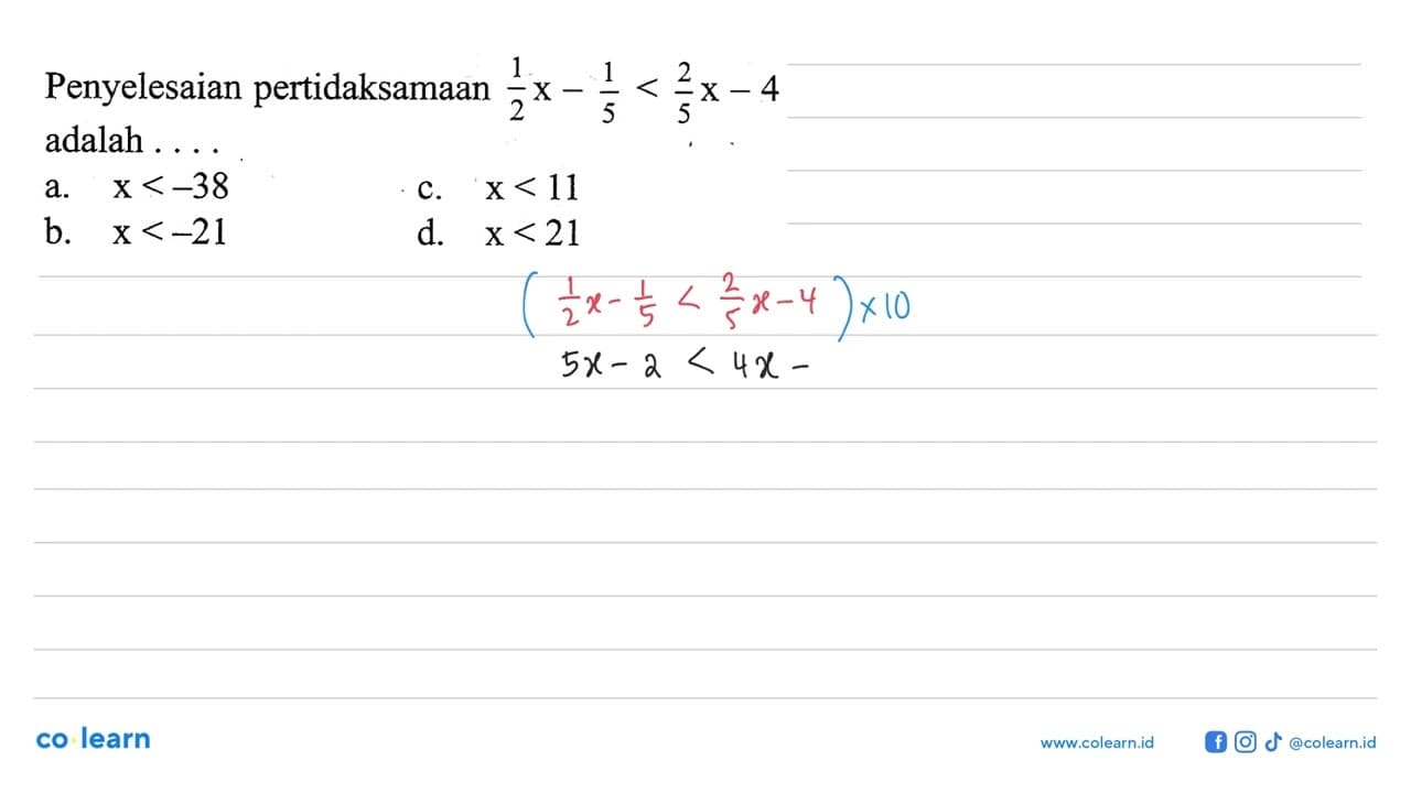 Penyelesaian pertidaksamaan 1/2x - 1/5 < 2/5x - 4 adalah...