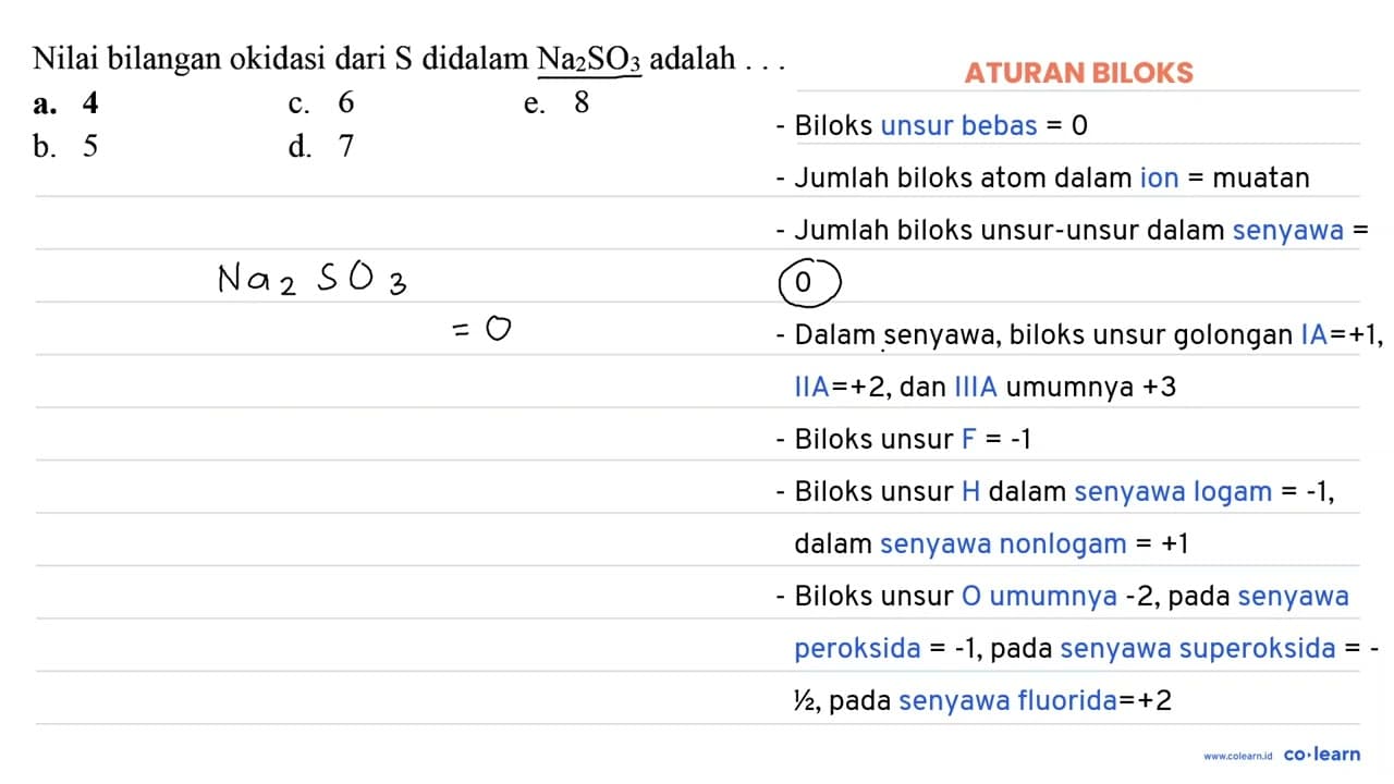 Nilai bilangan okidasi dari S didalam Na2 SO3 adalah ... a.