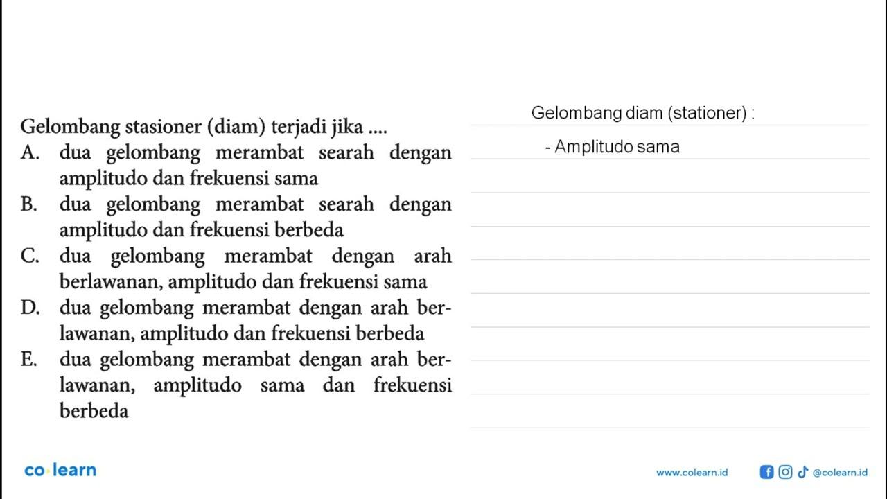 Gelombang stasioner (diam) terjadi jika .... A. dua