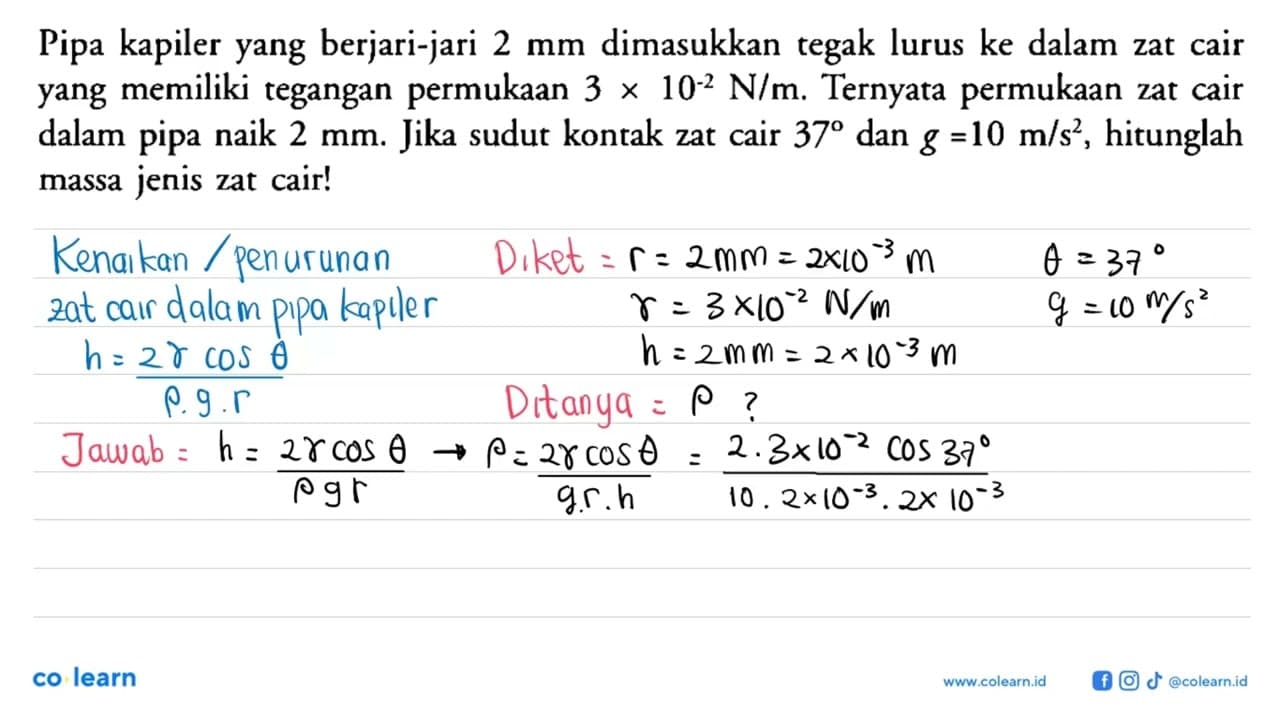 Pipa kapiler yang berjari-jari 2 mm dimasukkan tegak lurus