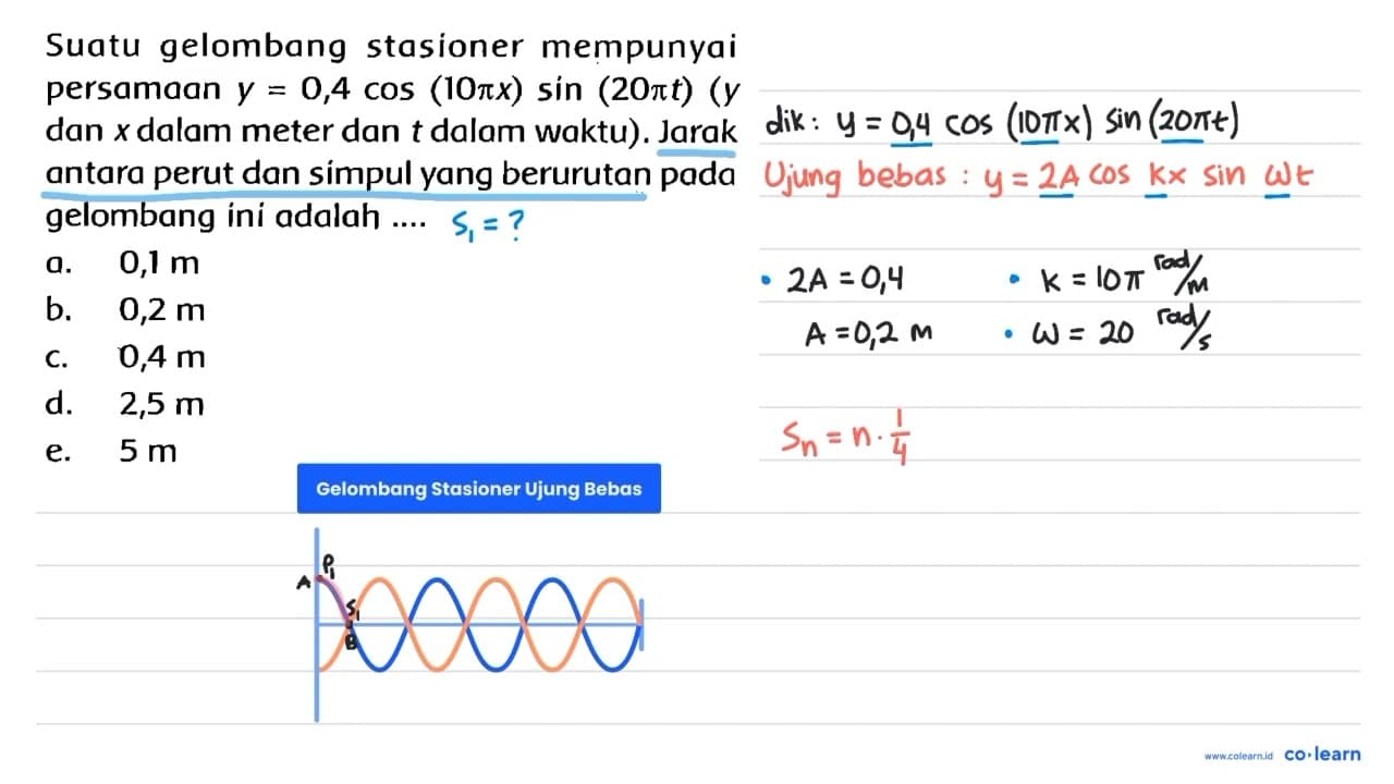 Suatu gelombang stasioner mempunyai persamaan y=0,4 cos (10