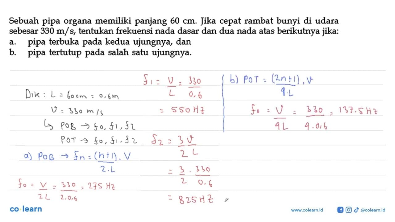 Sebuah pipa organa memiliki panjang 60 cm. Jika cepat