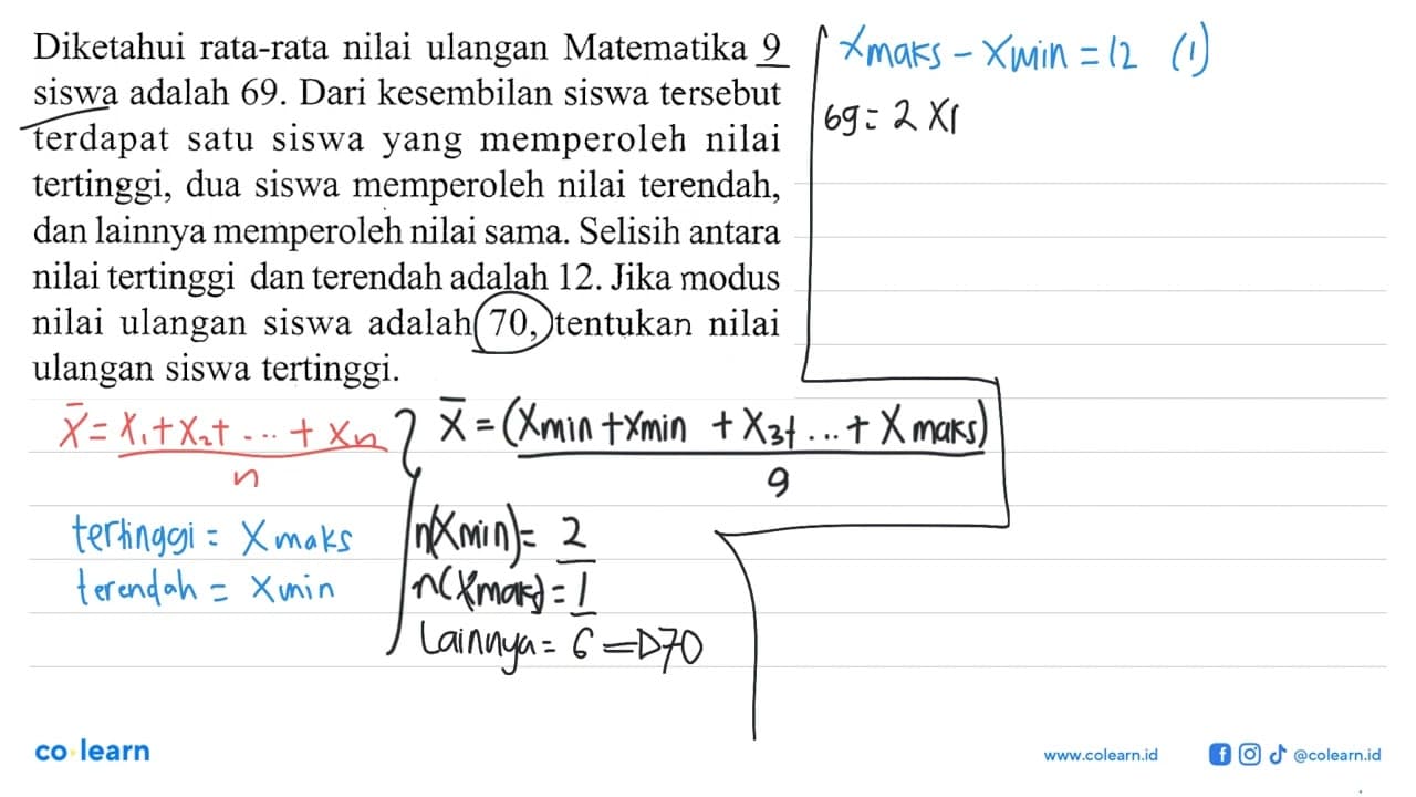 Diketahui rata-rata nilai ulangan Matematika 9 siswa adalah