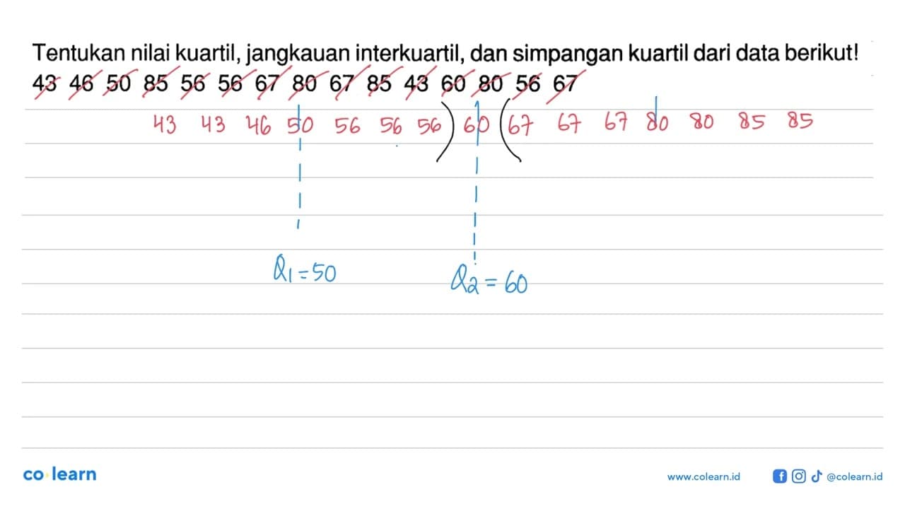 Tentukan nilai kuartil, jangkauan interkuartil, dan