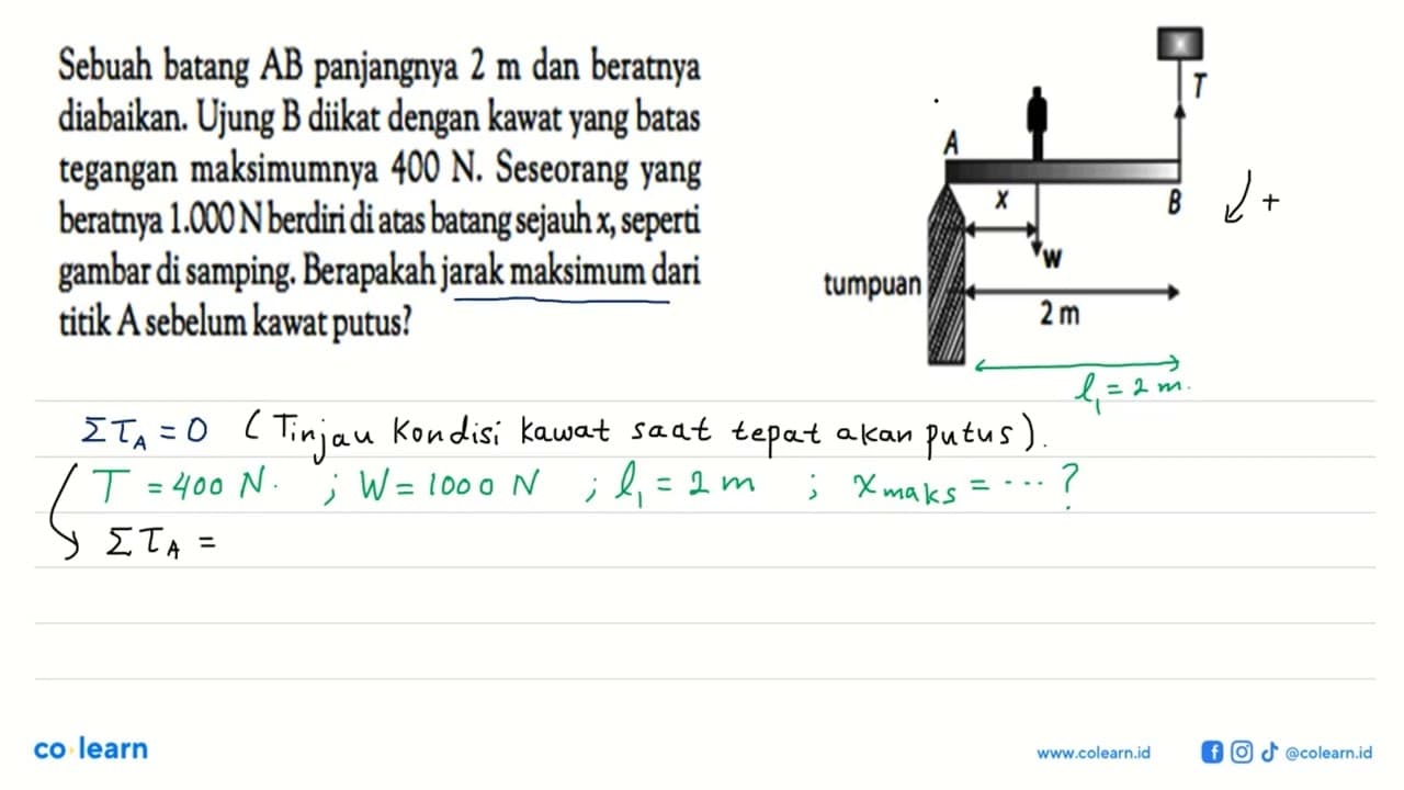 Sebuah AB panjangnya 2 m dan beratnya diabaikan. Ujung B