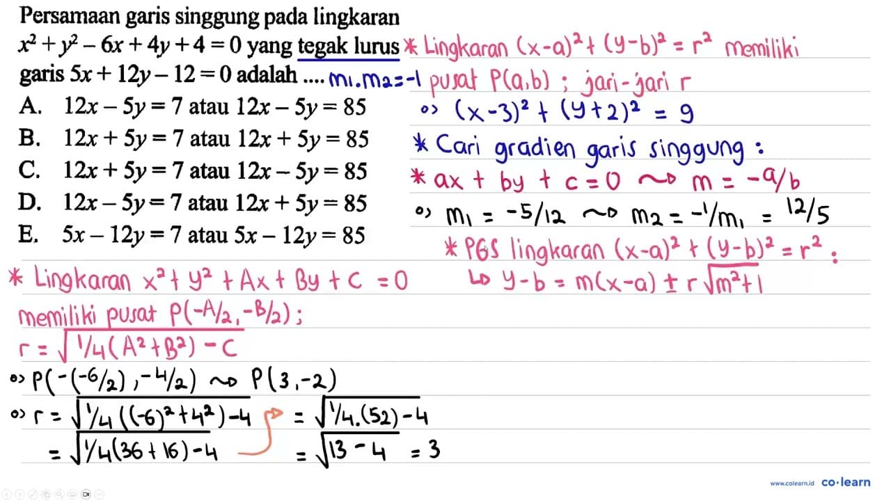 Persamaan garis singgung pada lingkaran x^2+y^2-6x+4y+4=0