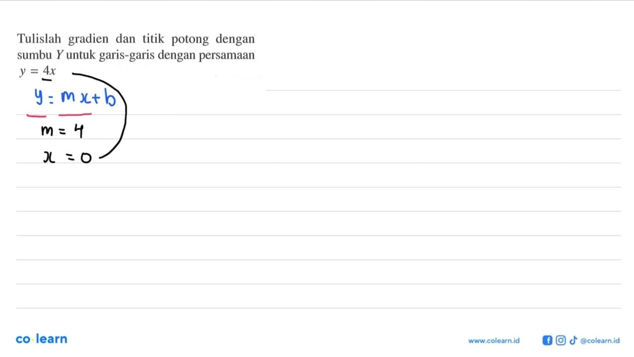 Tulislah gradien dan titik potong dengan sumbu Y untuk