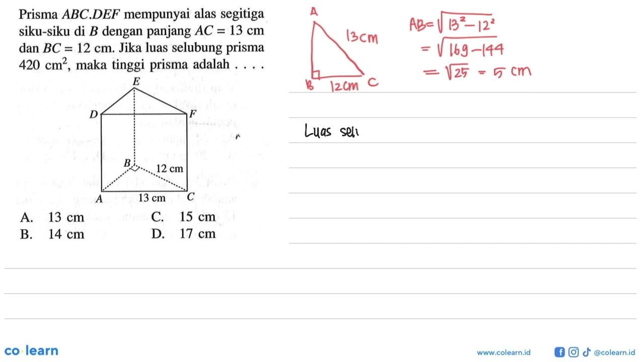 Prisma ABC.DEF mempunyai alas segitiga siku-siku di B