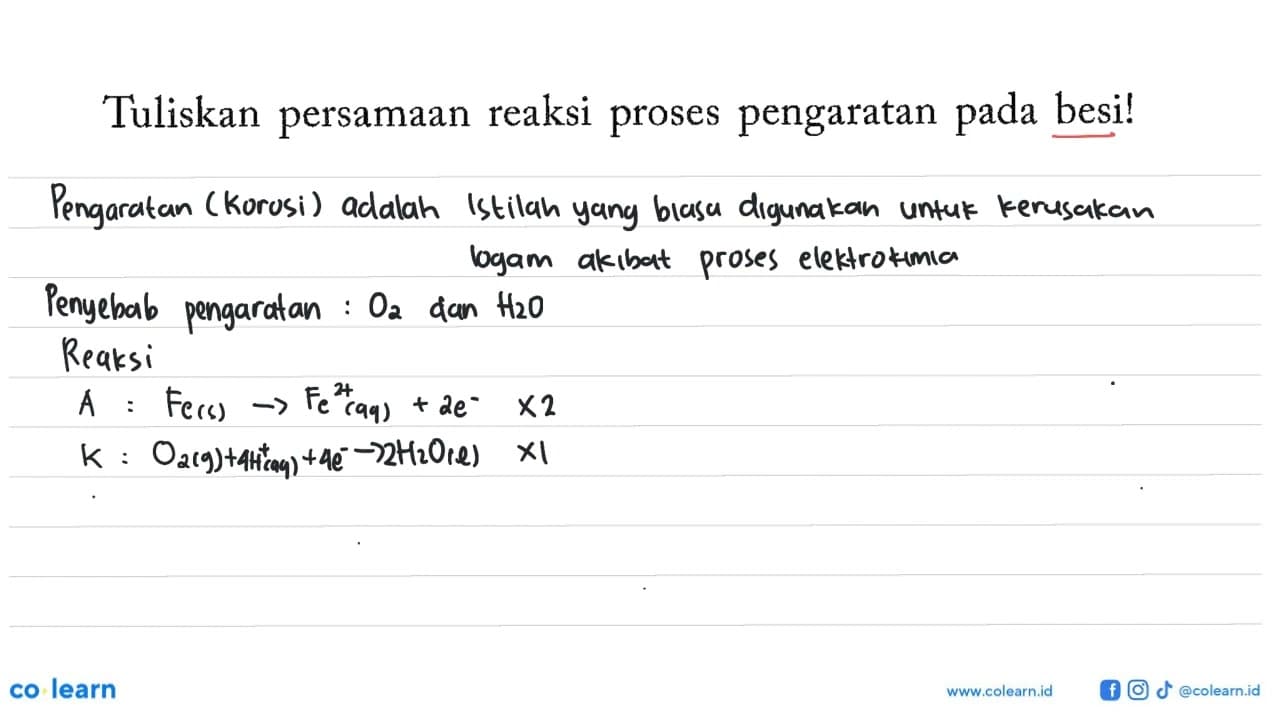 Tuliskan persamaan reaksi proses pengaratan pada besi!