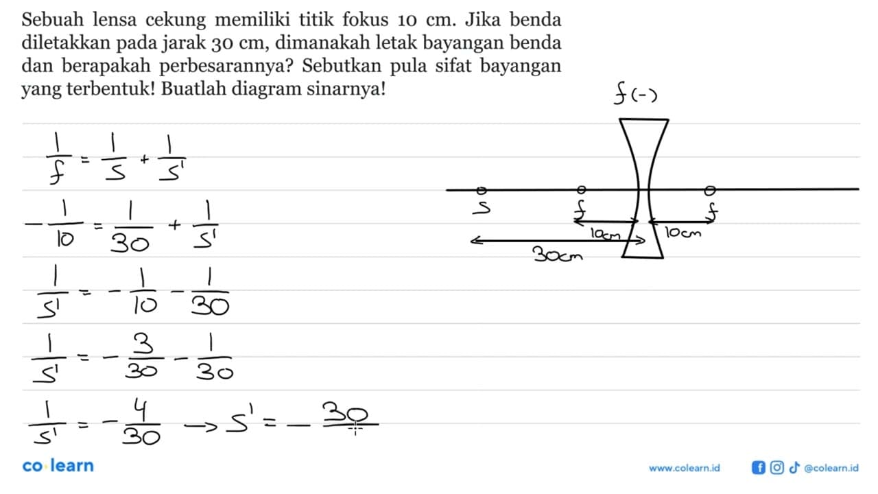 Sebuah lensa cekung memiliki titik fokus 10 cm. Jika benda