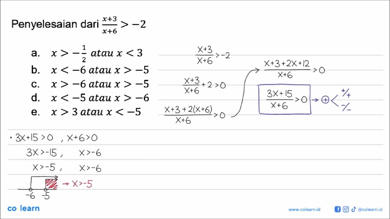 Penyelesaian dari (x+3)/(x+6)>-2