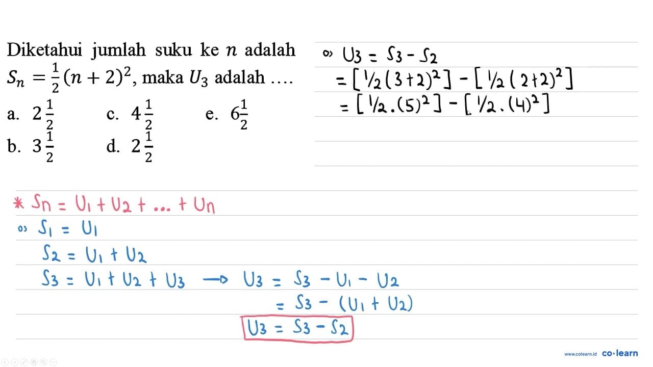 Diketahui jumlah suku ke n adalah S_(n)=(1)/(2)(n+2)^(2) ,