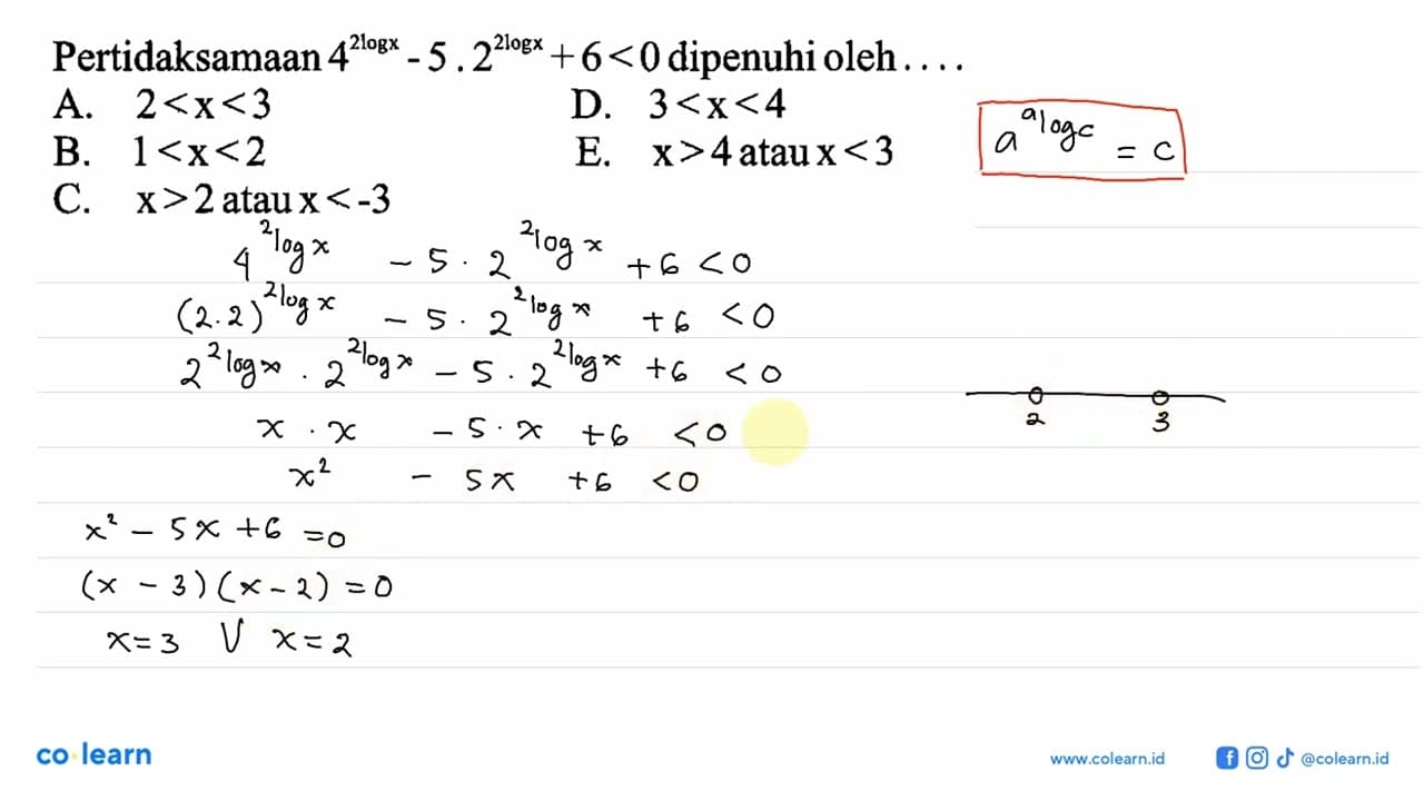 Pertidaksamaan 4^(2logx)-5.2^(2logx)+ 6< 0 dipenuhi oleh