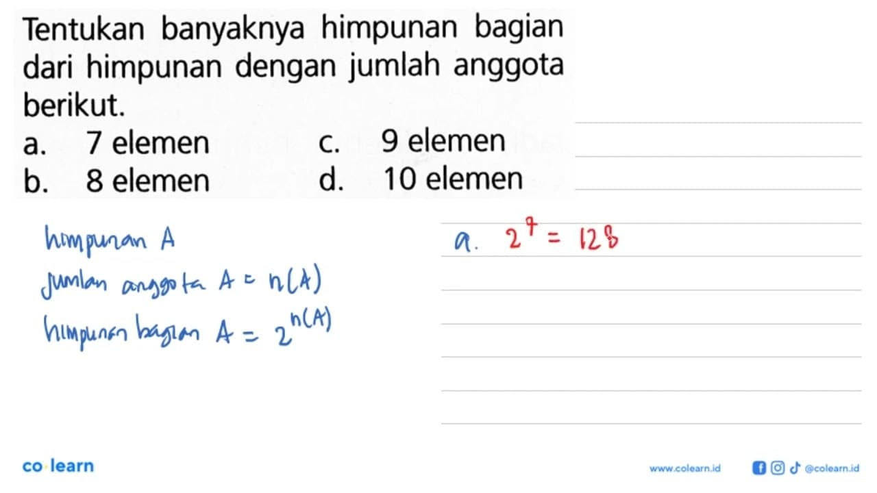 Tentukan banyaknya himpunan bagian dari himpunan dengan