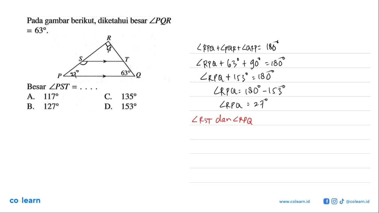 Pada gambar berikut, diketahui besar sudut PQR=63. Besar