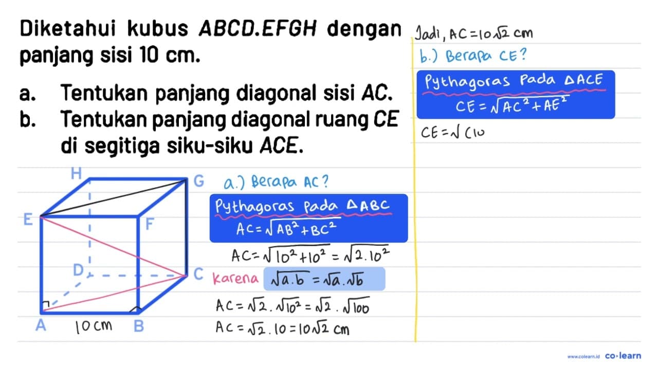 Diketahui kubus ABCD.EFGH dengan panjang sisi 10 cm. a.