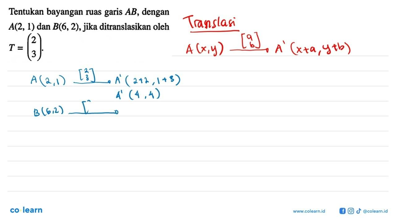 Tentukan bayangan ruas garis AB , dengan A(2,1) dan B(6,2)