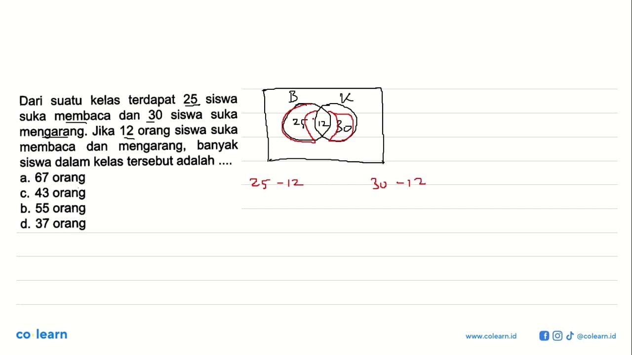 Dari suatu kertas terdapat 25 siswa suka membaca dan 30