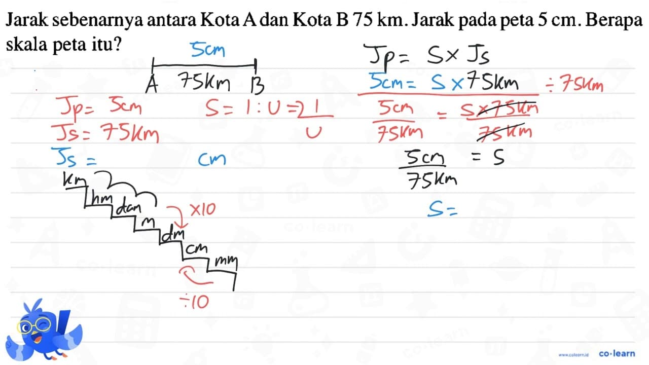 Jarak sebenarnya antara Kota A dan Kota B 75 km. Jarak pada