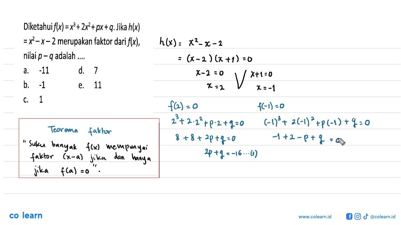 Diketahui f(x)=x^3+2x^2+px+q. Jika h(x)=x^2-x-2 merupakan