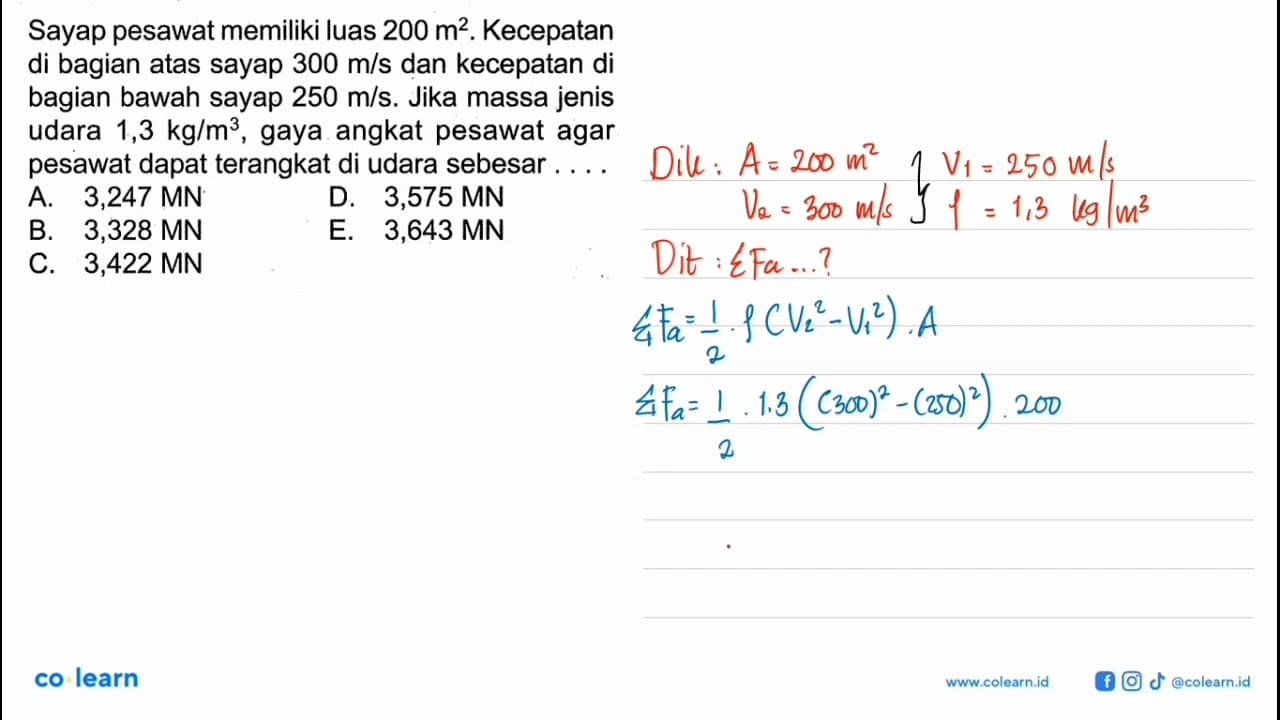 Sayap pesawat memiliki luas 200 m^2. Kecepatan di bagian