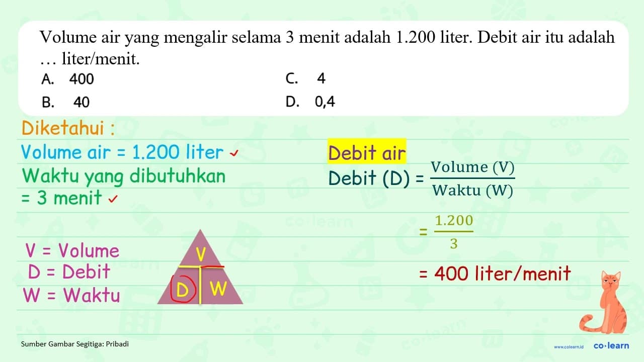 Volume air yang mengalir selama 3 menit adalah 1.200 liter.