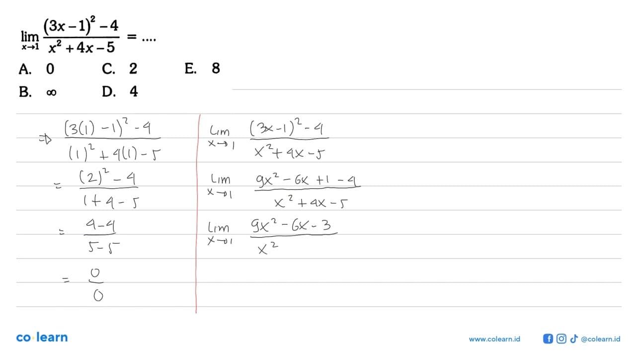 lim x->1 ((3x-1)^2-4)/(x^2+4x-5)=...