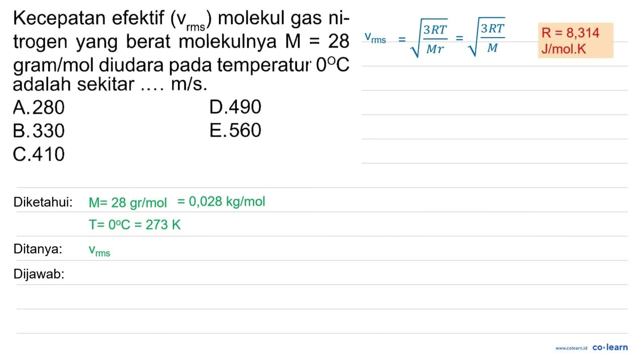 Kecepatan efektif (v rms) molekul gas nitrogen yang berat