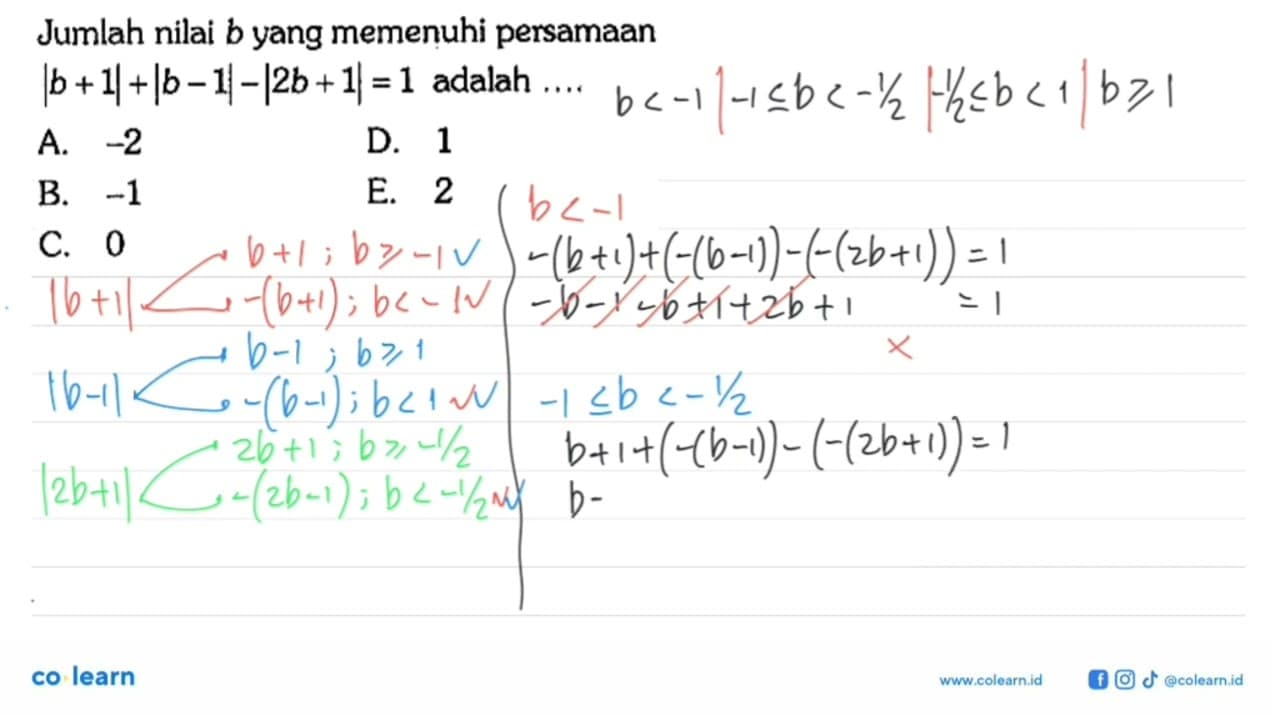 Jumlah nilai b yang memenuhi persamaan |b+1|+|b-1|-|2b+1|=1