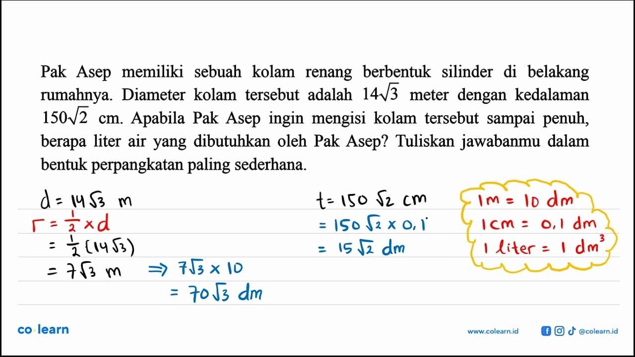 Pak Asep memiliki sebuah kolam renang berbentuk silinder di