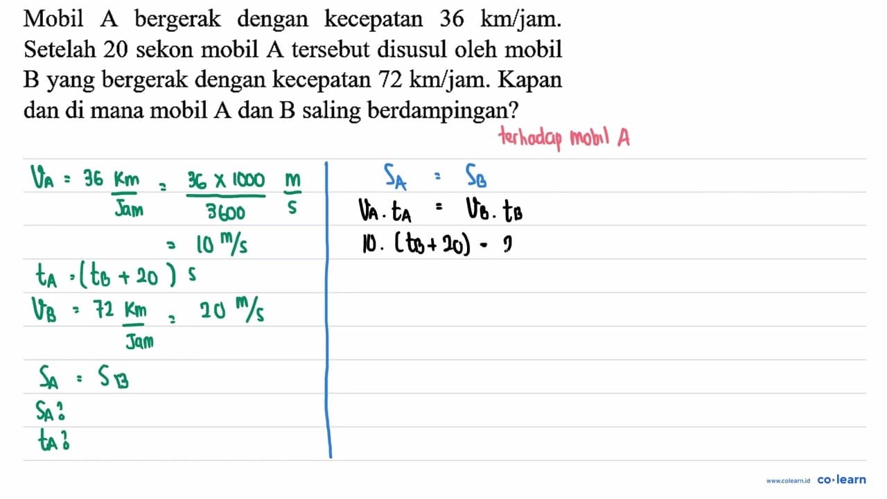 Mobil A bergerak dengan kecepatan 36 km / jam . Setelah 20