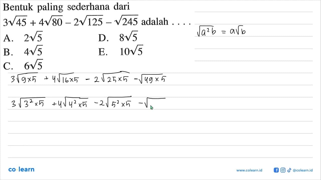 Bentuk paling sederhana dari 3 akar(45)+4 akar(80)-2
