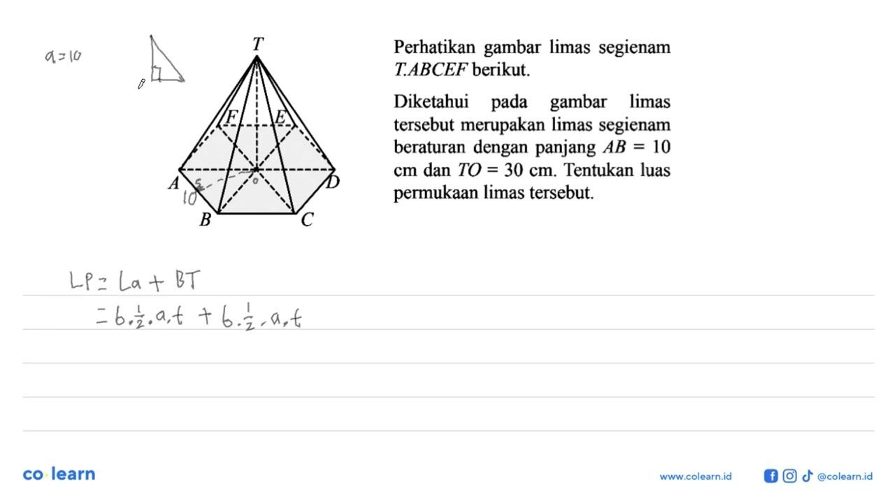 Perhatikan gambar limas segienam T.ABCEF berikut. Diketahui