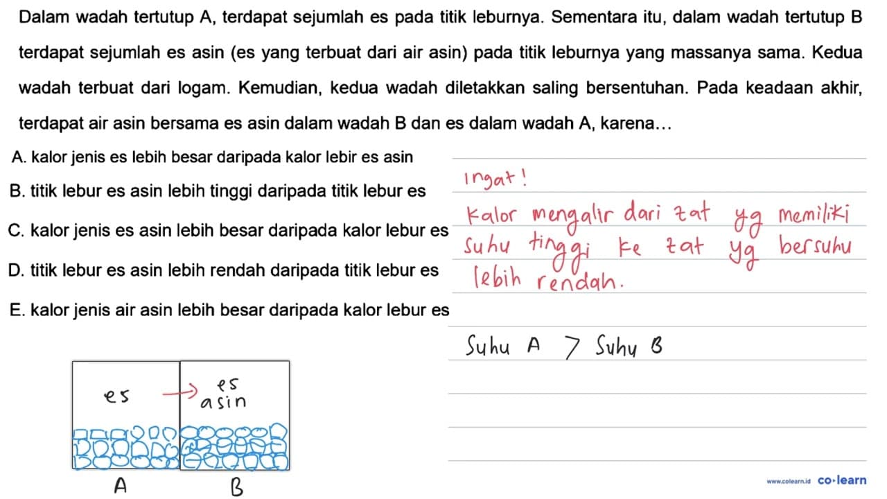 Dalam wadah tertutup A, terdapat sejumlah es pada titik