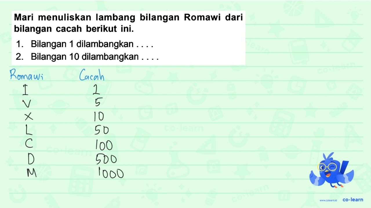 Mari menuliskan lambang bilangan Romawi dari bilangan cacah