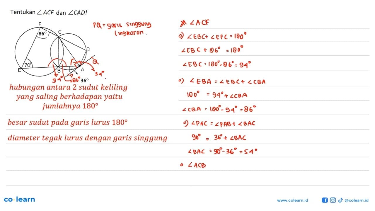 Tentukan sudut ACF dan sudut CAD! F 86 C D E 70 B A 36