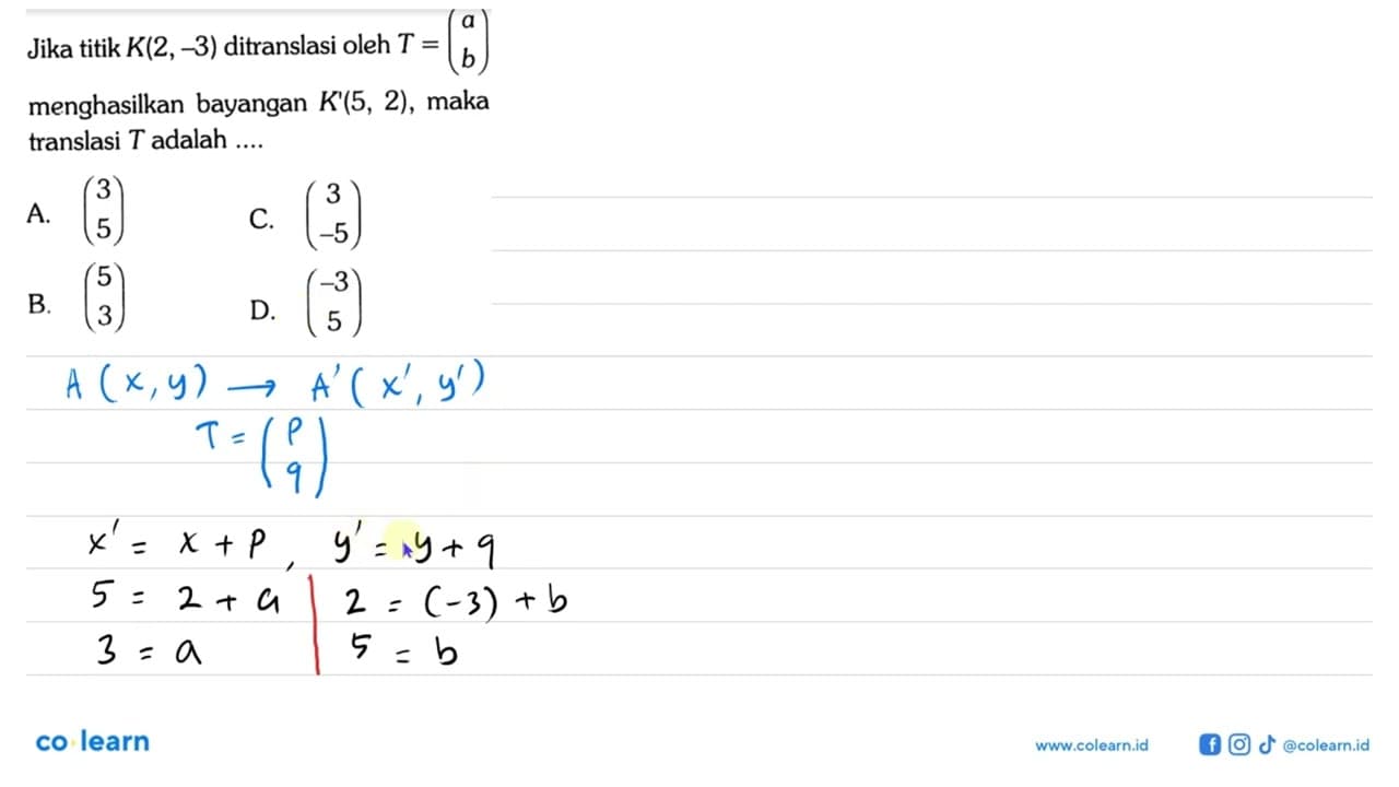 Jika titik K(2,-3) ditranslasi oleh T=(a b) menghasilkan