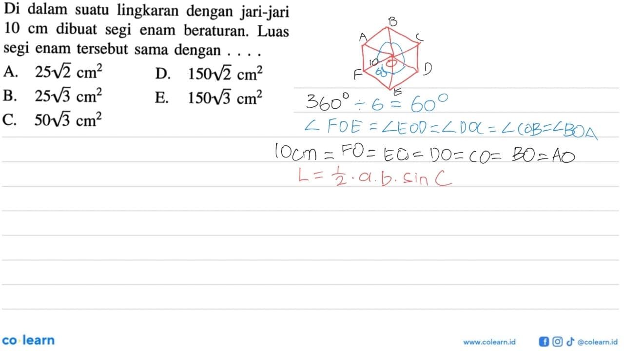 Di dalam suatu lingkaran dengan jari-jari 10 cm dibuat segi