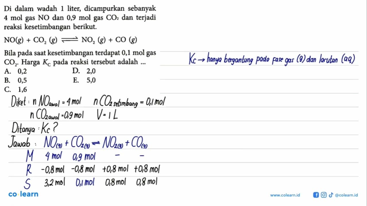 Di dalam wadah 1 liter, dicampurkan sebanyak 4 mol gas NO