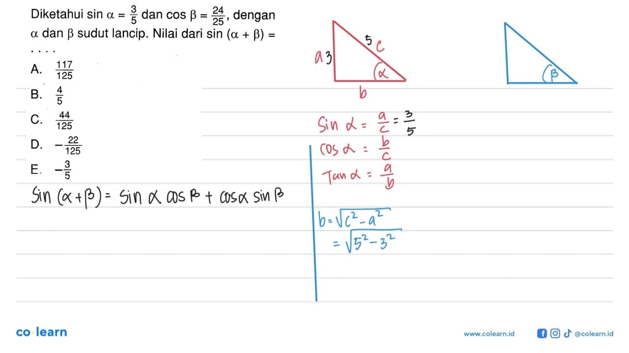 Diketahui sin alpha=3/5 dan cos beta=24/25, dengan alpha