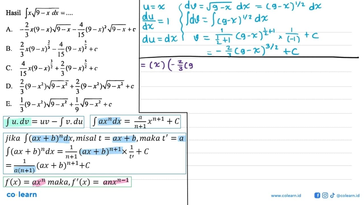 Hasil integral x akar(9-x)dx=....